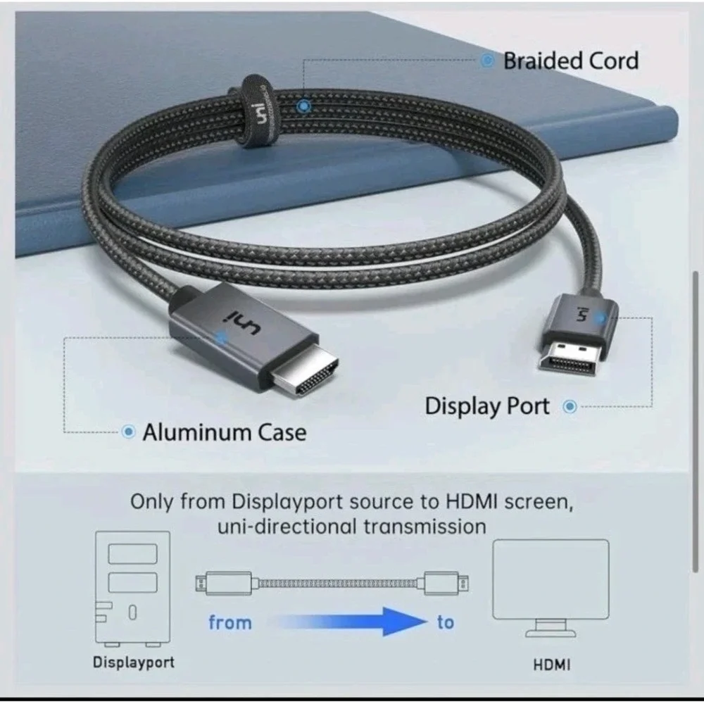 UNI DisplayPort to HDMI Display 4K 6 Feet Braided Cable DP to HDMI